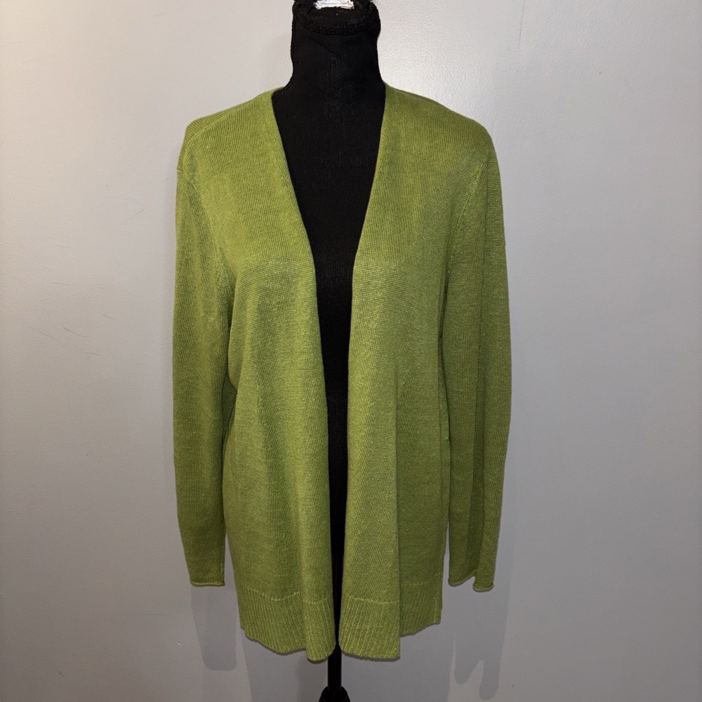Eileen Fisher Green Open Knit Cardigan Organic Linen Women's L Careerwear Fall